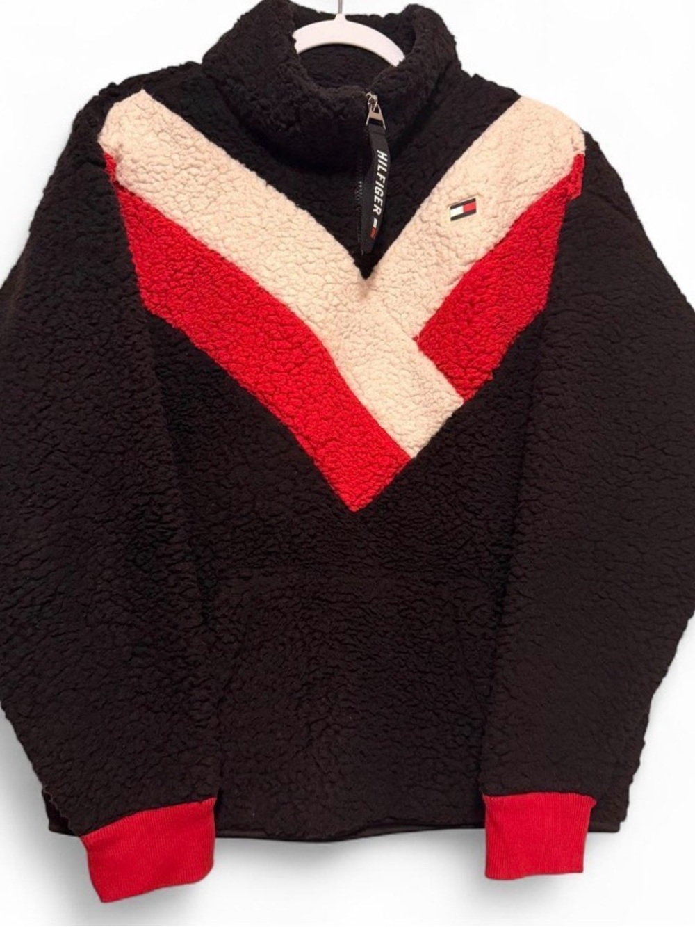 Vintage Tommy Hilfiger Black Sherpa Pullover with Red & Cream Chevron Accents L